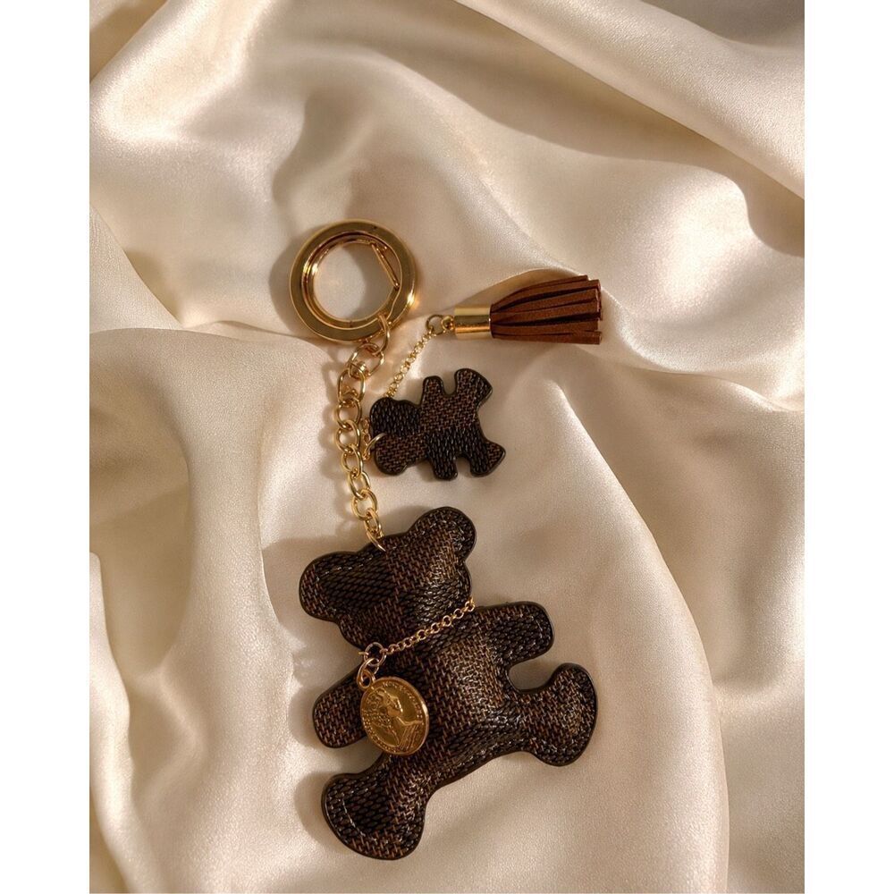Luxury Boutique Teddy Bear Keychain Charm Brown Plaid Gold Tassel Bag Accessorie